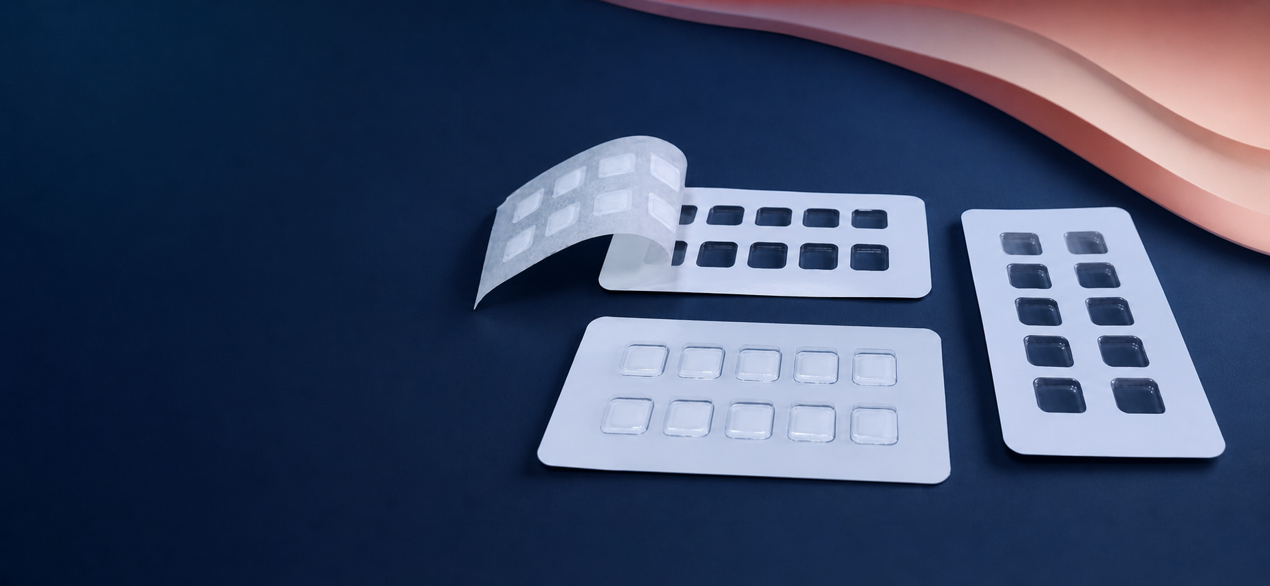 Dermagy patch-test panels, showing the peel-away backing and ten mapped positions per panel