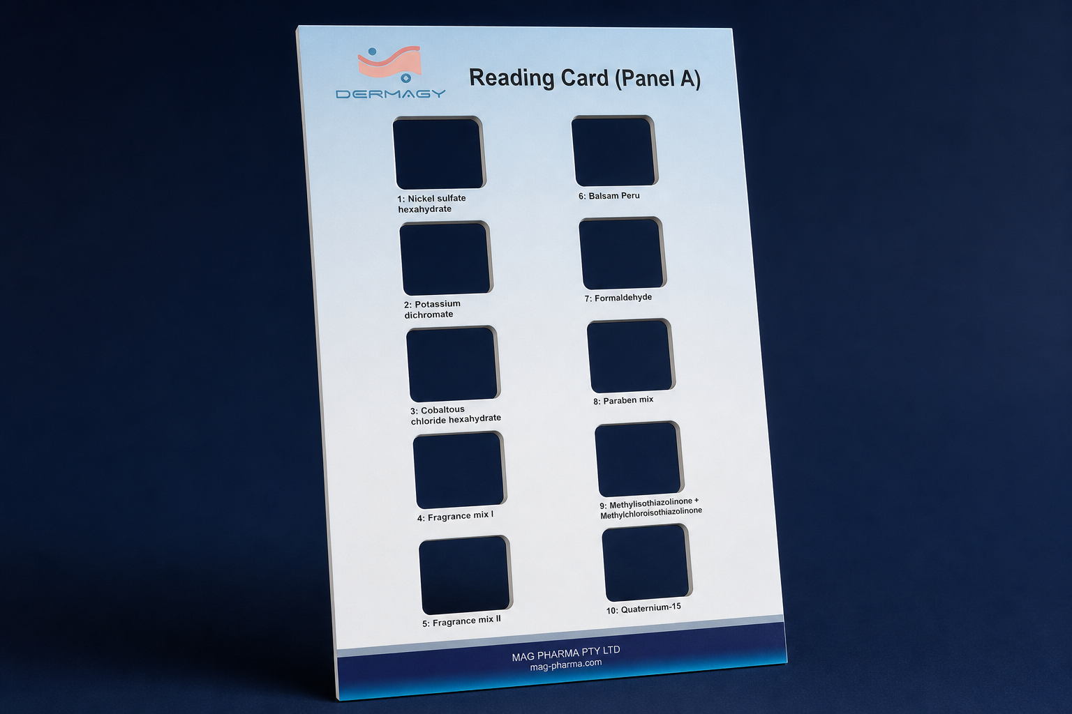 Illustrative Panel A paper Reading Card with ten die-cut positioning windows in two columns of five